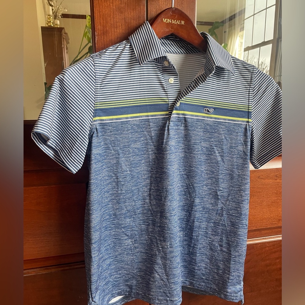 Vineyard Vines Navy Stripe Polo with Lime Accent Kids